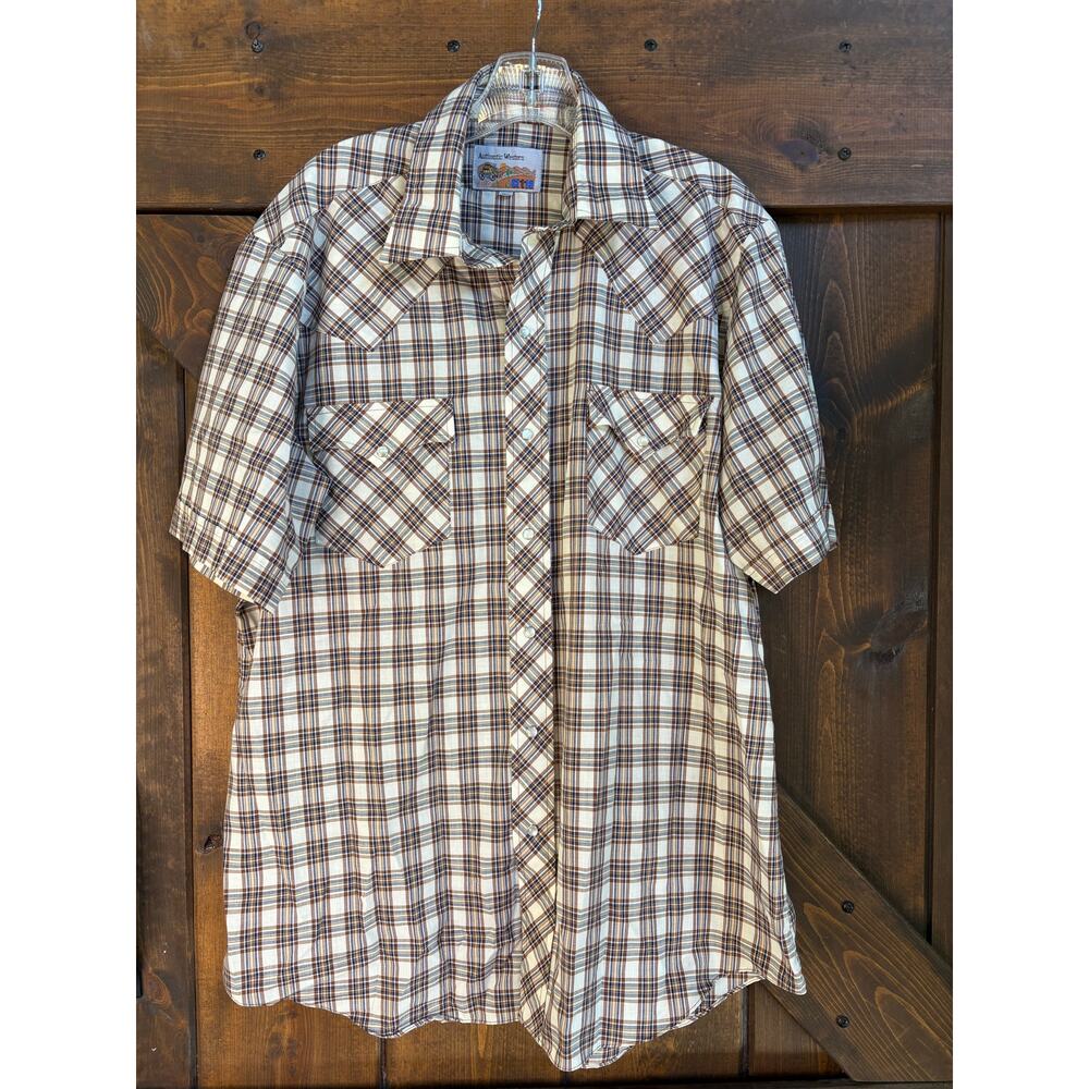 Vintage AUTHENTIC WESTERN Men 16 1/2 Pearl Snap Button Up Plaid Cowboy